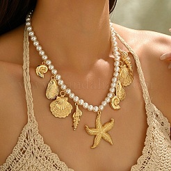 Bohemian Summer Beach Zinc Alloy Starfish Shell Shape Pendant White Round Imitation Pearl Beaded Bib Necklaces for Women&nbsp;WGA7543-04