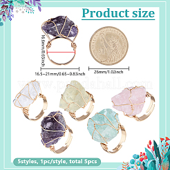 5Pcs 5 Styles Natural Yellow Quartz & Fluorite & Rose Quartz & Amethyst & Quartz Crystal Adjustable Finger Rings&nbsp;RJEW-FG0001-02