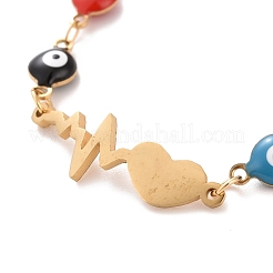 PVD Vacuum Plating 304 Stainless Steel Heart Beat Link Bracelet with Colorful Enamel Evil Eye Chains for Women&nbsp;BJEW-B062-03G