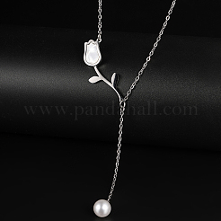 Elegant Stainless Steel Tulip Flower Link Chain Imitation Pearl Tassel Necklaces for Women's Daily Wear&nbsp;TI9112-2