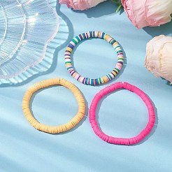 3Pcs 3 Colors Polymer Clay Disc Beaded Stretch Bracelet Sets&nbsp;BJEW-JB10439-01