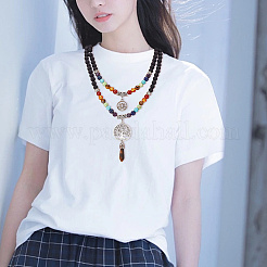 Natural Yellow Tiger Eye Bullet & Alloy Tree & Lotus Stone Pendant Necklace&nbsp;NJEW-AB00016-02