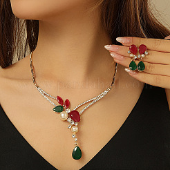 Teardrop Zinc Alloy & Glass & Resin Pearl Pendant Necklace & Stud Dangle Earrings Sets&nbsp;FS-WG17E32-01
