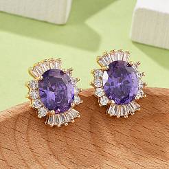 Oval Brass Micro Pave Cubic Zirconia Stud Earrings for Women&nbsp;EJEW-G428-27G-03