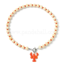 Summer Beach Resin Lobster Pendant Wood Beaded Necklaces with OT Clasps for Women&nbsp;NJEW-JN06109