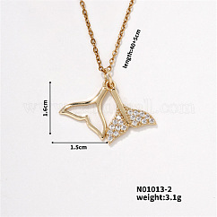 Elegant Hollow Brass Pave Clear Cubic Zirconia Whale Tail Pendant Necklaces for Women, Golden, 15.75 inch(400mm)