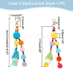 2Pcs 2 Colors Colorful Boho Pompom Ball Tassel Polyester Pendant Decorations with Wood Bead for Women&nbsp;AJEW-WR0001-72