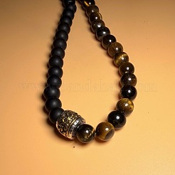 Vintage Frosted 8MM Natural Black Onyx(Dyed & Heated) and Tiger Eye Round Beaded Necklaces with Alloy Column for Men&nbsp;DB2700