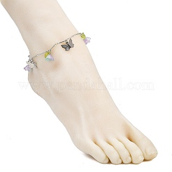 201 Stainless Steel Butterfly & Spray Painted Glass Flower Charm Brass Bar Link Chain Anklets&nbsp;AJEW-AN00736-02