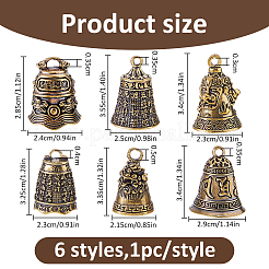 6Pcs 6 Styles Tibetan Style Brass Bell Pendants&nbsp;KK-FH0008-31