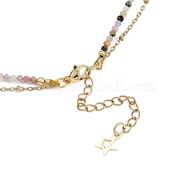 Brass Micro Pave Cubic Zirconia Star Pendant Natural Multicolor Tourmaline Faceted Round Beaded & 304 Stainless Steel Satellite Chain Double Layer Necklaces&nbsp;NJEW-JN05467