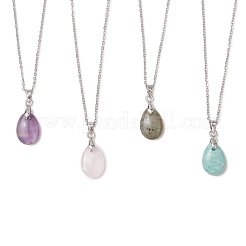 4Pcs 4 Styles Natural Labradorite & Amazonite & Rose Quartz & Amethyst Teardrop Pendant Necklaces&nbsp;NJEW-JN05230