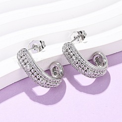 Brass Micro Pave Clear Cubic Zirconia J-Shaped Stud Earrings&nbsp;EJEW-B153-18P