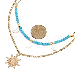 Natural Freshwater Shell & Alloy Glass Sun Pendant Synthetic Turquoise Round Beaded & 304 Stainless Steel Chain Double Layered Necklaces for Women&nbsp;NJEW-JN05469-03