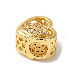 Heart with Paw Print Pattern Rack Plating Brass Micro Pave Cubic Zirconia European Beads&nbsp;KK-G511-05A-G