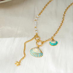 Summer Beach 304 Stainless Steel Enamel Shell Shape Pendant Necklaces with White Plastic Pearl for Women&nbsp;WGC94A0-01