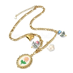 304 Stainless Steel Cloth Oval Embroidered Floral & Flower atural Keshi Pearl & Handmade Porcelain Glazed Hand Painted Tulip Flower Multi-Pendant Necklaces for Women&nbsp;NJEW-JN06354