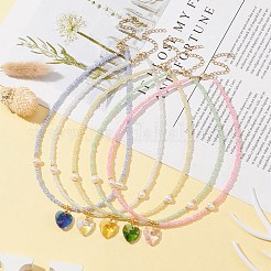 Heart Glass Pendant Necklace with Natural Pearl & Seed Beaded Chains&nbsp;NJEW-JN04343