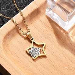 304 Stainless Steel Crystal Rhinestone Double Star Pendant Cable Chain Necklaces&nbsp;NJEW-Z056-02B-G