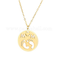 Mother's Day 304 Stainless Steel Hollow Out Flat Round with Word Mom & Baby Feet Pendant Necklaces&nbsp;WGD8F21-09