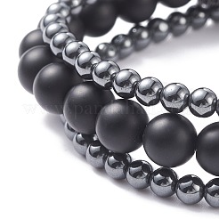 3Pcs 3 Style Round Synthetic Black Stone & Hematite Beaded Stretch Bracelets Set&nbsp;BJEW-JB07688-02