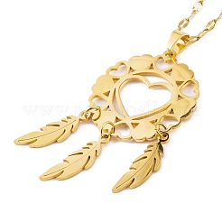 Woven Net/Web with Feather 201 Stainless Steel Boho Pendant Necklaces for Women&nbsp;NJEW-G087-01G