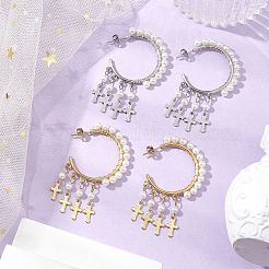 2 Pairs 2 Colors Cross Shell Pearl Dangle Stud Earrings&nbsp;EJEW-JE06185