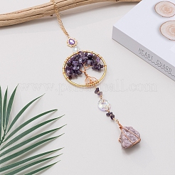 Natural Amethyst Flat Round with Tree of Life Pendant Decorations&nbsp;TREE-PW0002-23