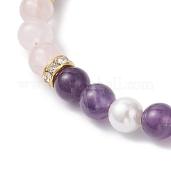 Natural Amethyst & Rose Quartz  & Shell Pearl Round Beads Stretch Bracelets for Women&nbsp;BJEW-JB12229-02