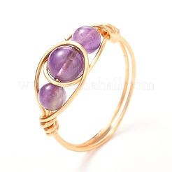 Copper Wire Wrapped Mixed Natural Gemstone Braided Bead Rings for Women&nbsp;RJEW-JR00387