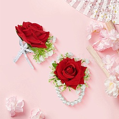 Silk Cloth Artificial Flowers & Plastic Imitation Pearl Wrist Corsage & Boutonniere Sets&nbsp;AJEW-DJ0005-64B