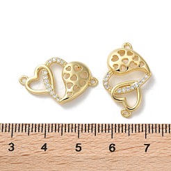 Brass Micro Pave Clear Cubic Zirconia Double Heart Links Connector Charms&nbsp;KK-M287-01G