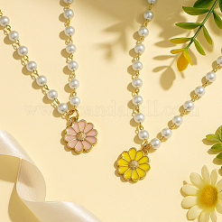 4Pcs 2 Colors Alloy Enamel Daisy Flower Pendant White Round Imitation Pearl Beaded Necklaces for Women&nbsp;NJEW-HY0001-29