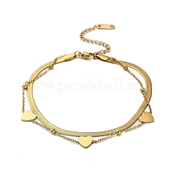 304 Stainless Steel Double Layer Heart Link Chain Anklets for Women&nbsp;AJEW-Q012-01G