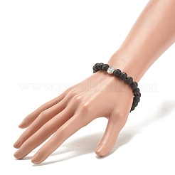 Natural Lava Rock Stretch Bracelet with Alloy Cross Coin&nbsp;BJEW-JB08192-03