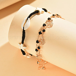 Ocean Alloy Flower Tassel Natural Cowrie Shell Braided Bead Double Layer Anklets&nbsp;WGEFC40-01