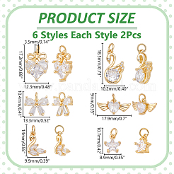 12Pcs 6 Styles Brass Micro Pave Cubic Zirconia Pendants&nbsp;ZIRC-WR0001-08