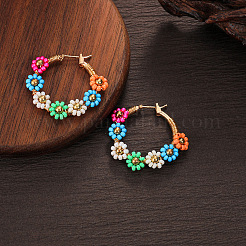 Flower Brass Glass Seed Beaded Hoop Earrings&nbsp;FS-WG0698E-01