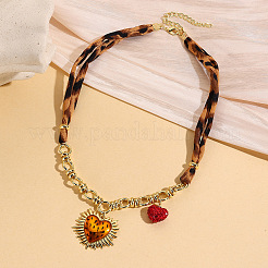 Alloy Enamel and Plastic Heart Pendant Leopard Print Cloth Scarf Necklacess for Women&nbsp;WG2FAF8-03