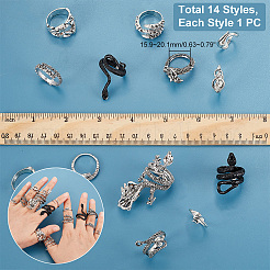 14Pcs 14 Style Snake & Dragon Alloy Cuff Rings Set&nbsp;RJEW-PH0001-13