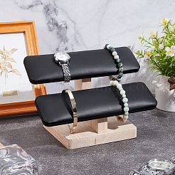 PU Leather 2-Tier T-Bar Bracelet Display Stands with Wooden Base&nbsp;BDIS-WH0010-09B