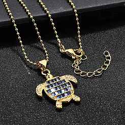 Summer Beach Brass Pave Cubic Zirconia Turtle Pendant Necklaces for Women&nbsp;NJEW-U039-02G-01