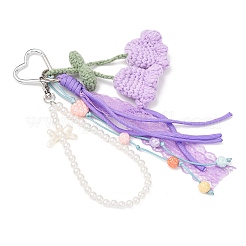 Handmade Cotton Yarn Crochet Lily of the Valley & ABS Pearl Round Bead & Polyester Cord Pendant Decorations&nbsp;HJEW-JM04387-03