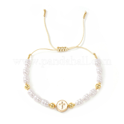 Adjustable Brass Flat Round with Religion Cross & Imitation Pearl Braided Bead Bracelets for Women&nbsp;FT2047