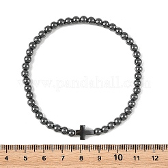 Synthetic Non-magnetic Hematite Round and Religion Cross Beaded Stretch Bracelets for Men&nbsp;BJEW-JB14406-02