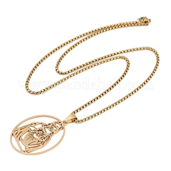 201 Stainless Steel Oval with Hollow Juses Pendant Necklaces&nbsp;NJEW-K283-05G