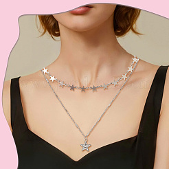2 Sets 2 Colors Alloy Crystal Rhinestone Star Link Chain Necklace Sets&nbsp;NJEW-SC0001-54