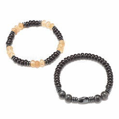 2Pcs 2 Style Coconut & Natural Larvikite & Watermelon Stone Glass Stretch Bracelets Set&nbsp;BJEW-JB07832