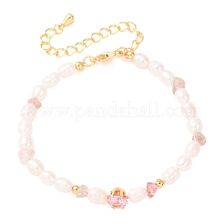 Natural Strawberry Quartz Chip and Rice Natural Pearl Beaded Bracelets&nbsp;GG-CBA3297-13G-C