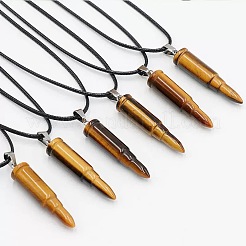 Natural Tiger Eye Bullet Shaped Pendant Black PU Leather Vintage Punk Style Hip Hop Necklaces for Men&nbsp;QC5862